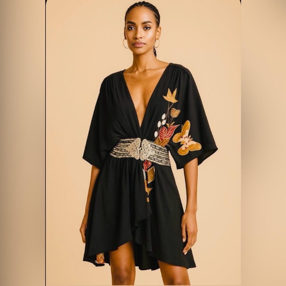 Megan Los Angeles Goth Black Fall Butterfly Dress Kimono Sequin Beaded Belt SZ 8